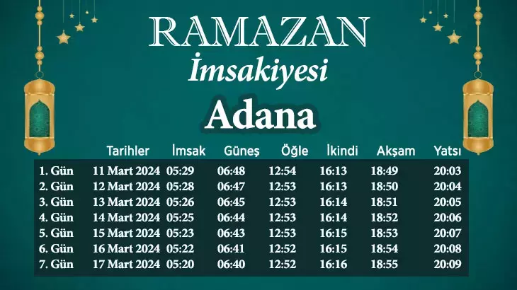 Adana İmsakiye Vakitleri 2024